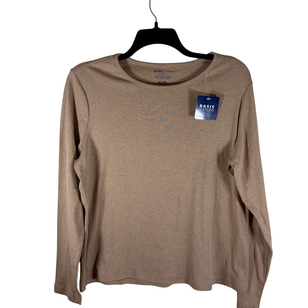 NWT Basic Editions Tan Heather Long Sleeve Cotton T-Shirt Crew Neck Top XL 16/18